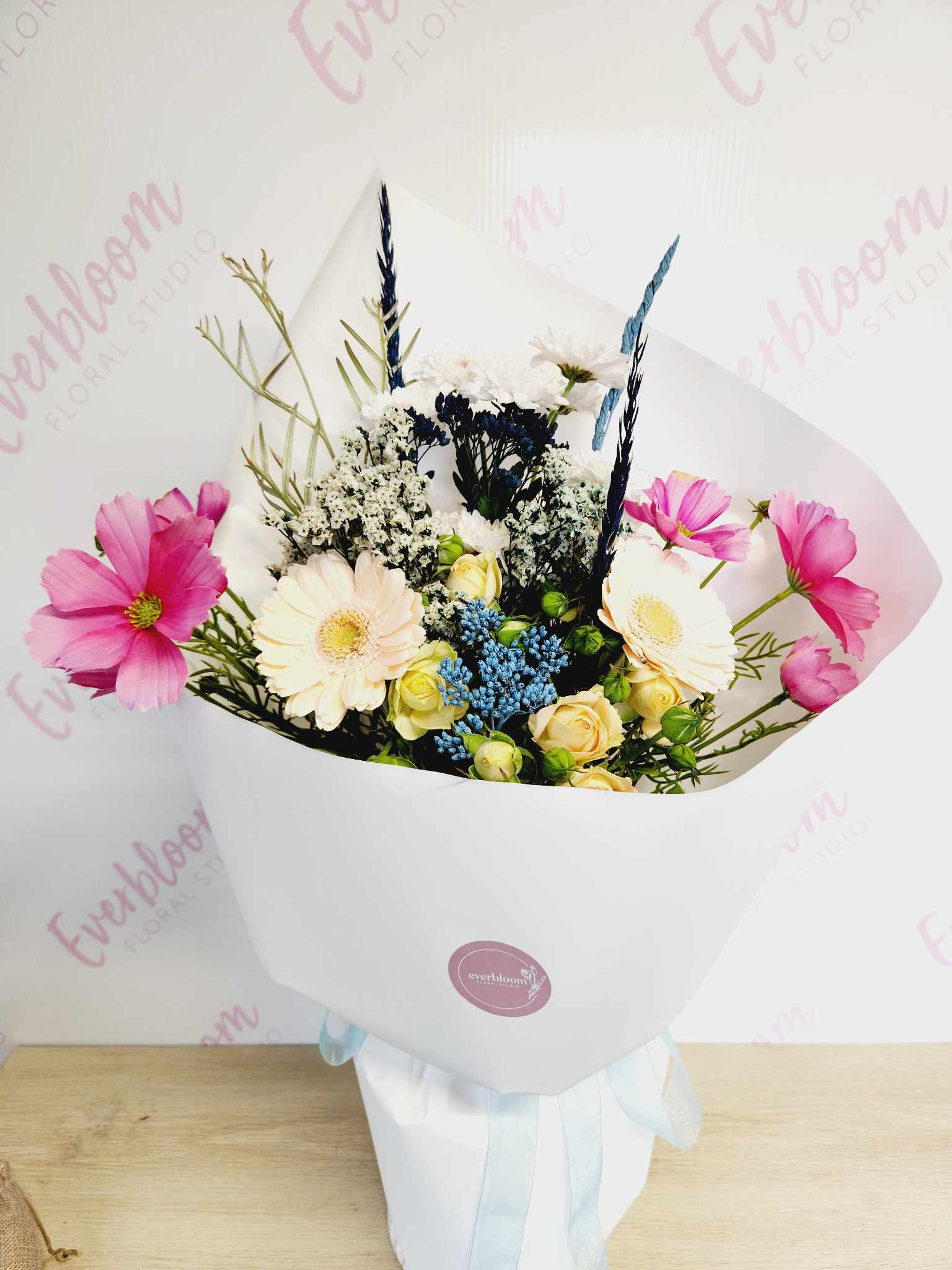 Combination bouquet, a mix of fresh flowers, dried flowers and faux flowers. Everbloom Floral Studio - Mount Maunganui and Papamoa florist. Same day delivery