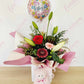 New born baby floral gift bag with soft toy and balloon. Everbloom floral studio. Mount Maunganui and Papamoa florist.