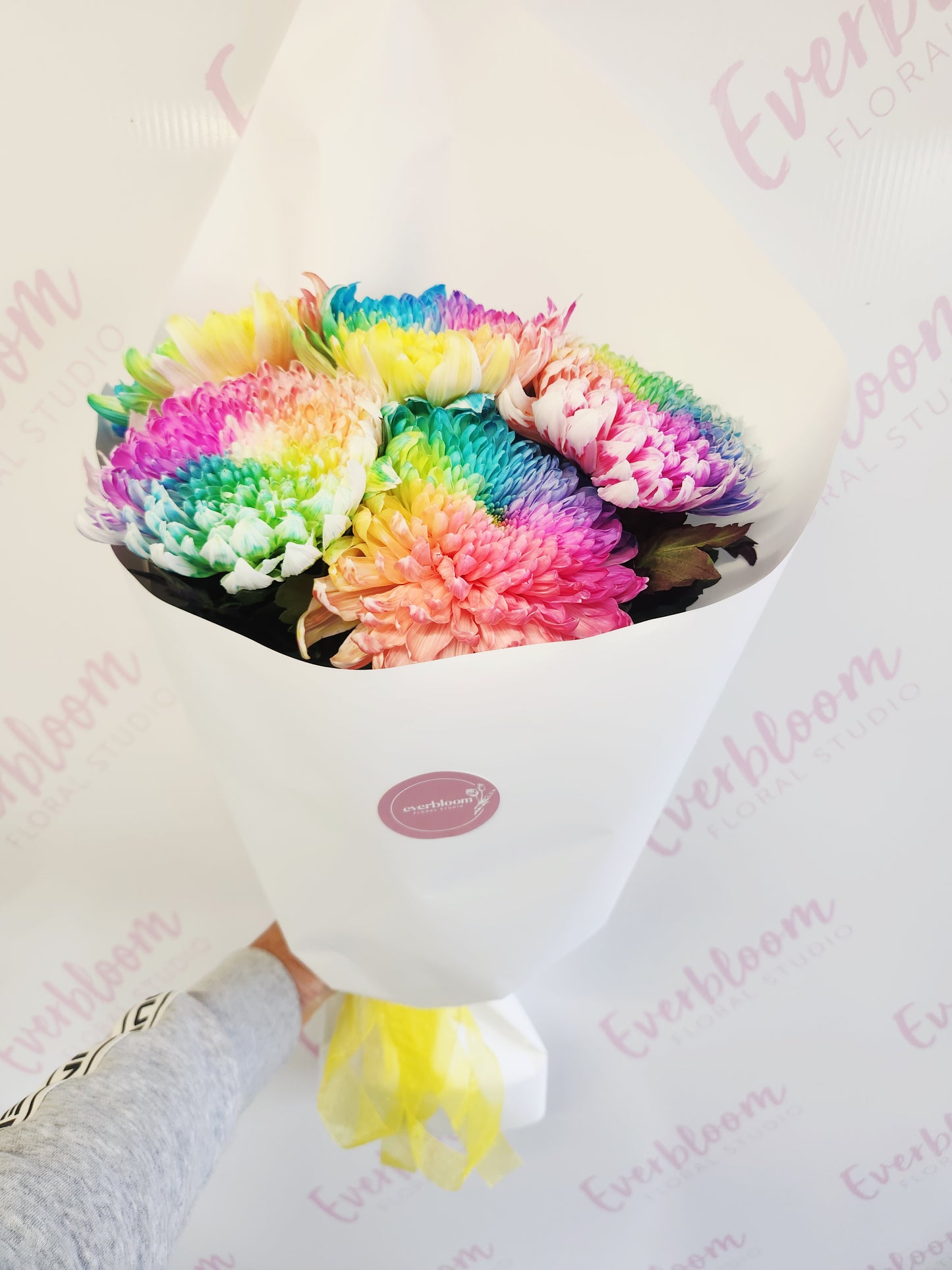 Vibrant rainbow-dyed Malaysian Chrysanthemum fresh flower bouquet.
Everbloom Floral Studio. Tauranga Florist