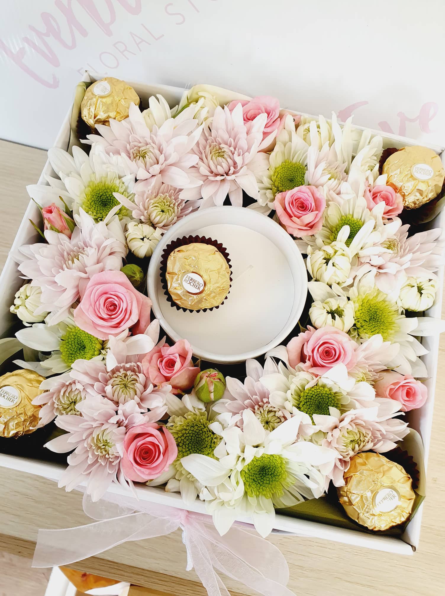 Floral Candle and Chocolate Gift Box - Everbloom Floral Studio. Sending flowers across Tauranga, Papamoa and Mount Maunganui same day