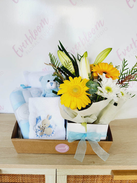 Baby gift hamper with flowers - Everbloom Floral Studio - Mount Maunganui and Papamoa Florist with same day flower delivery