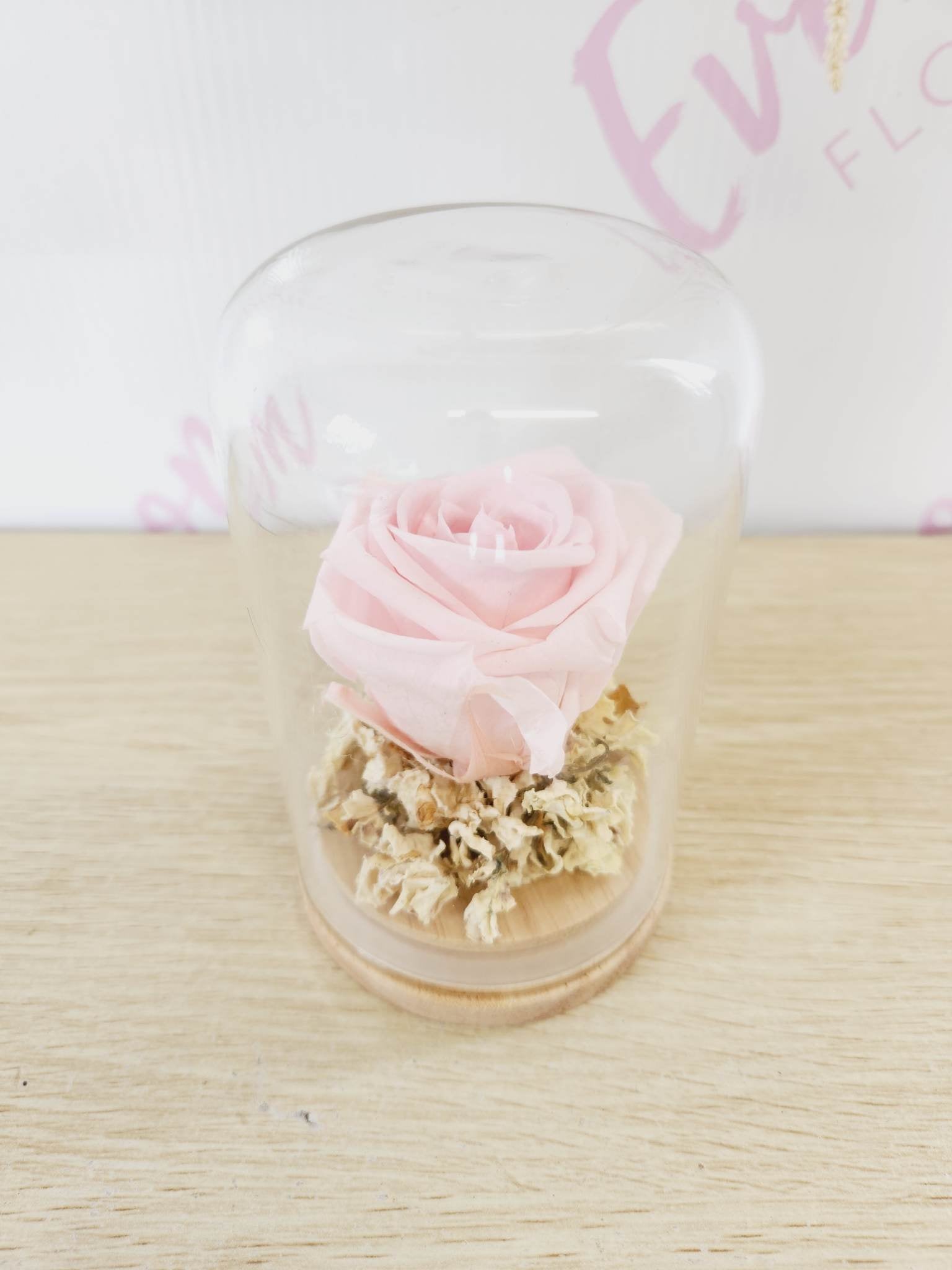 Pink preserved rose in glass dome from Everbloom Floral Studio